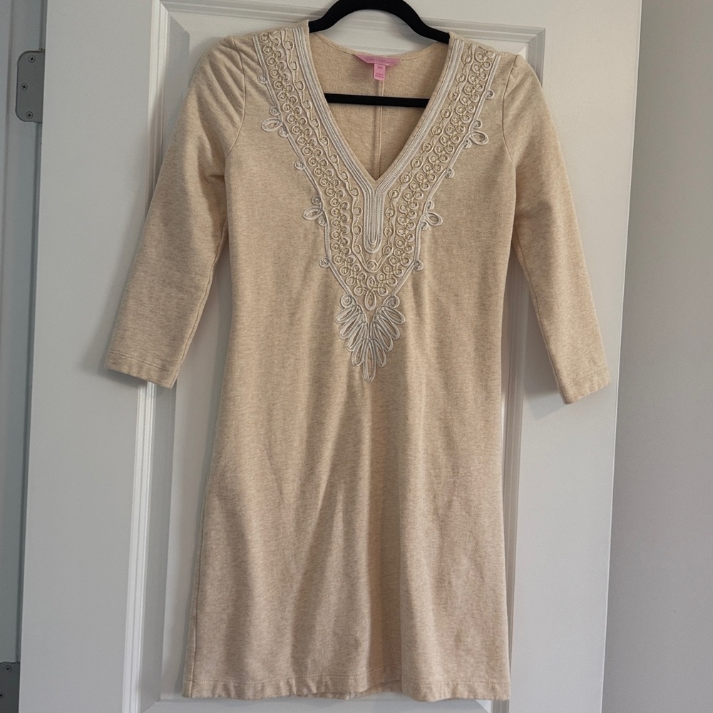 Lilly Pulitzer Clarkson dress in heathered camel with embroidered trim sz XXS